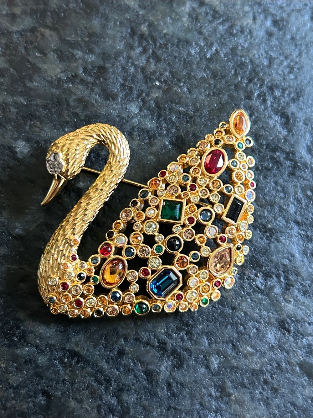 Swarovski Gold Multicolor Crystal Swan Brooch
